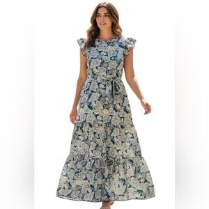 Urbanic Blue Floral Midi Dress Flutter Sleeve Size S